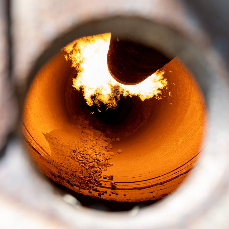 Closeup shot of a rotary kiln for clinker production in cement plant